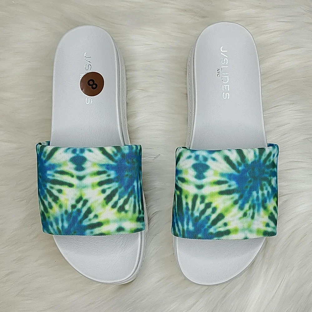 J/SLIDES NYC Brit Slide Sandal Slip On Platforms Blue Green Tie Dye